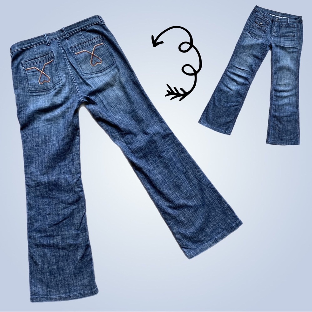 LONDONJEAN 70s Retro Style Flare Jeans Heart Embroidered Back Pockets Women’s 6